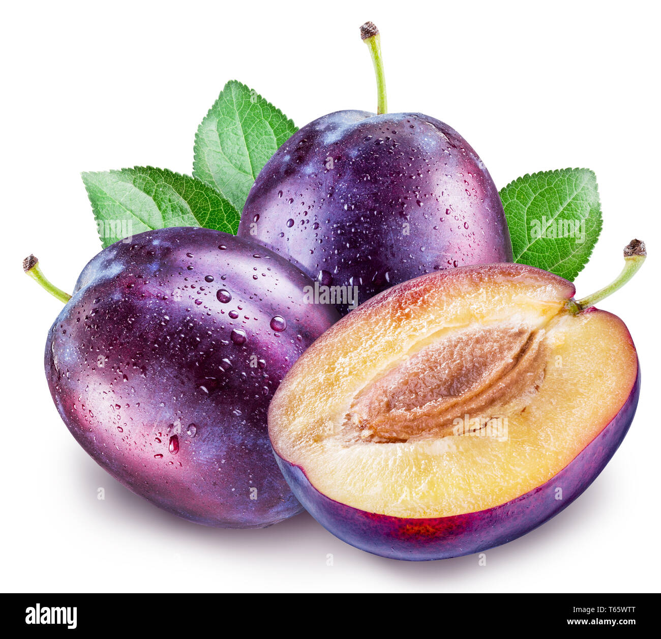 Plums with water drops on a white background. File contains clipping path. Stock Photo
