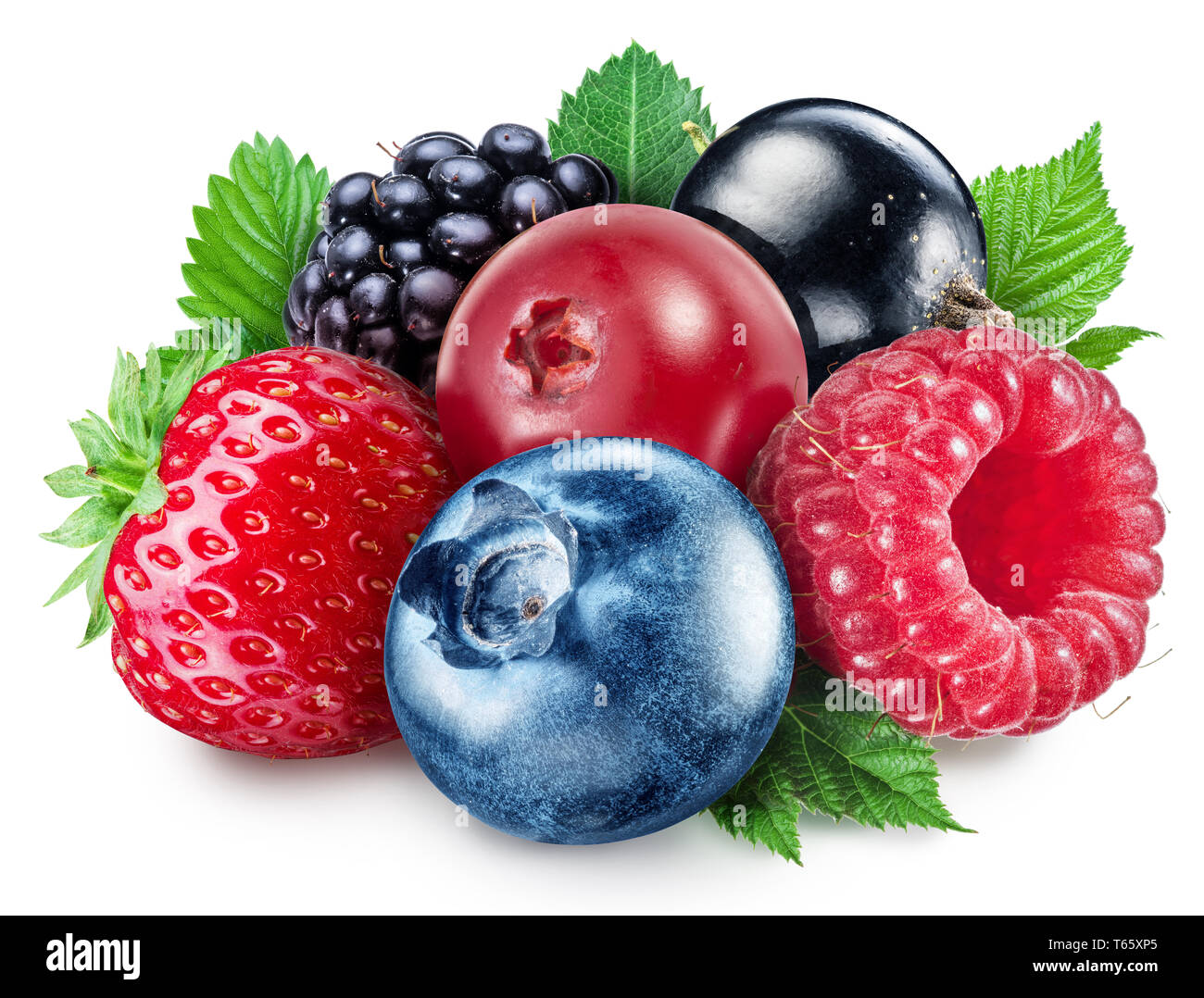 Colorful group of mixed berries with leaves on white background. Clipping path. Stock Photo