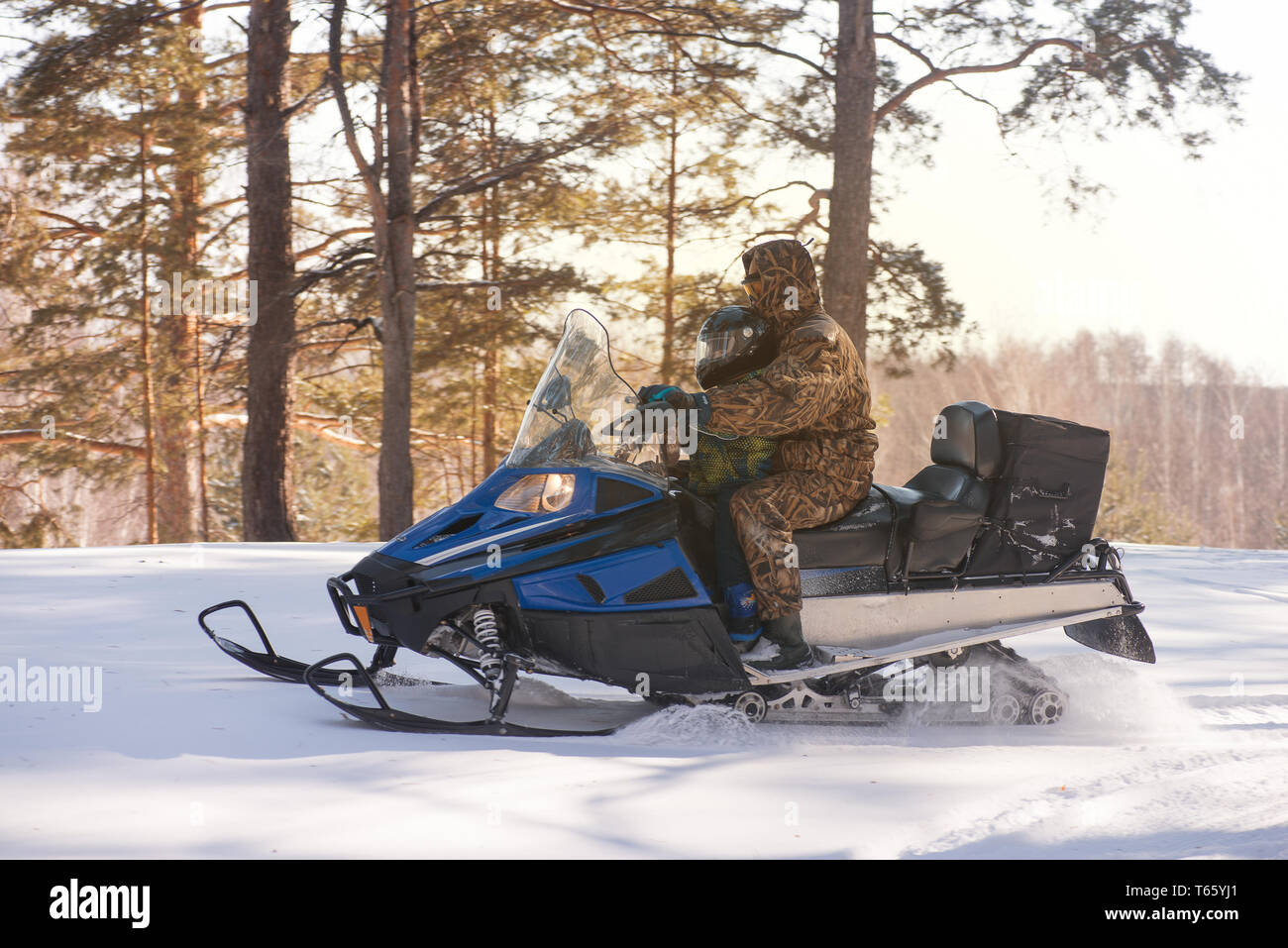 Snowmobile driving. Winter forest.  Walk on snowmobiles. Recreation concept on nature in winter holidays. Winter sports. Stock Photo