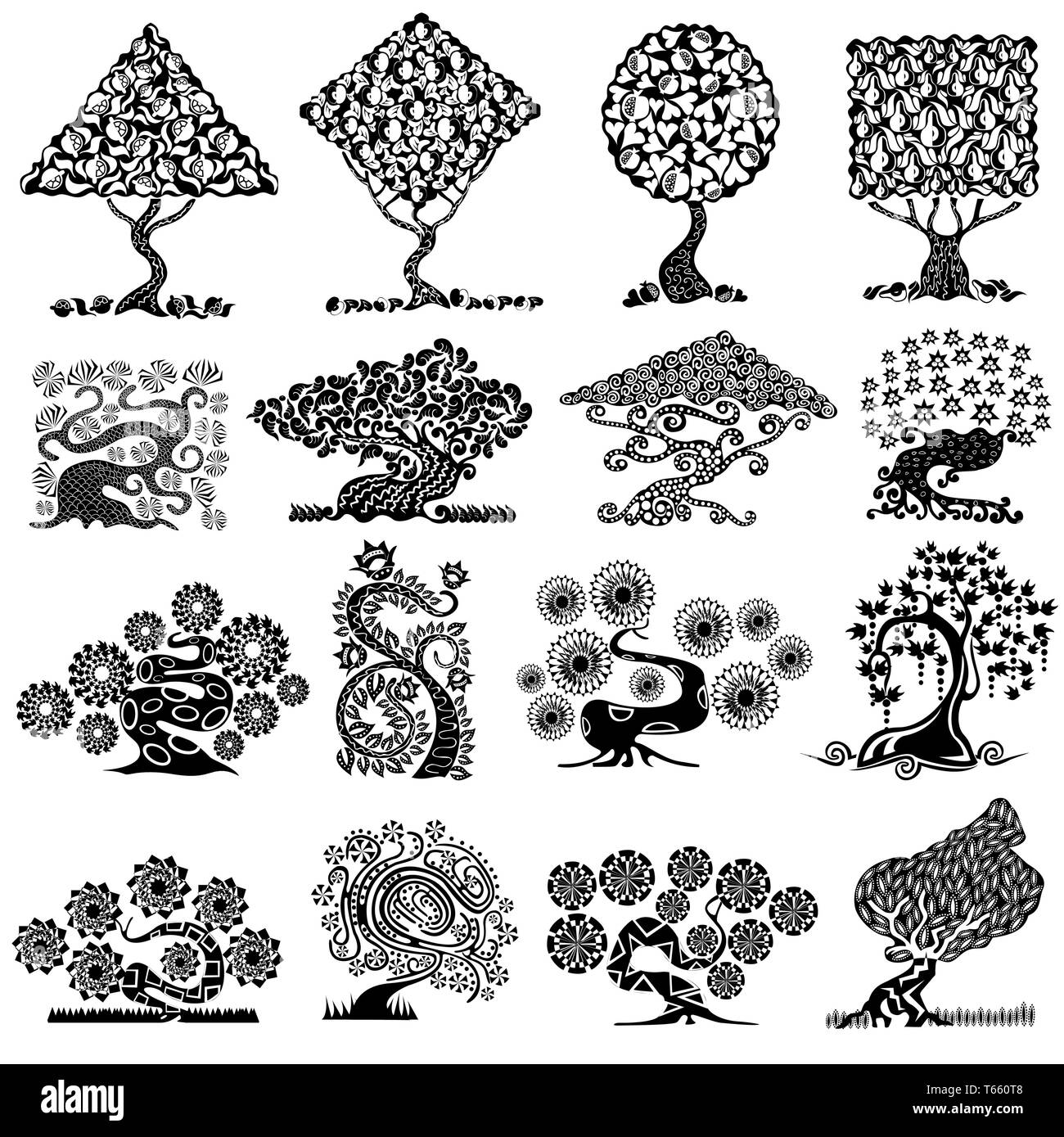 Big set of abstract silhouettes of fictional trees on white Stock ...