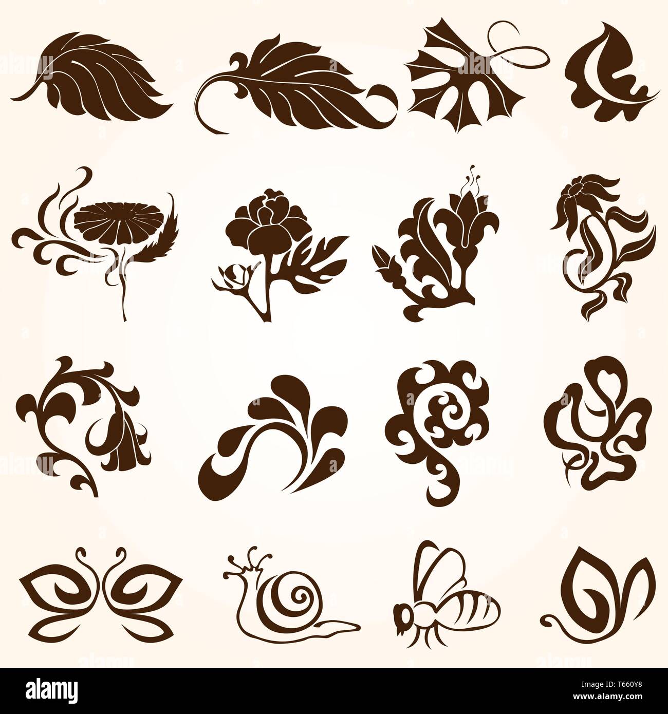 set of floral elements silhouettes on white Stock Vector