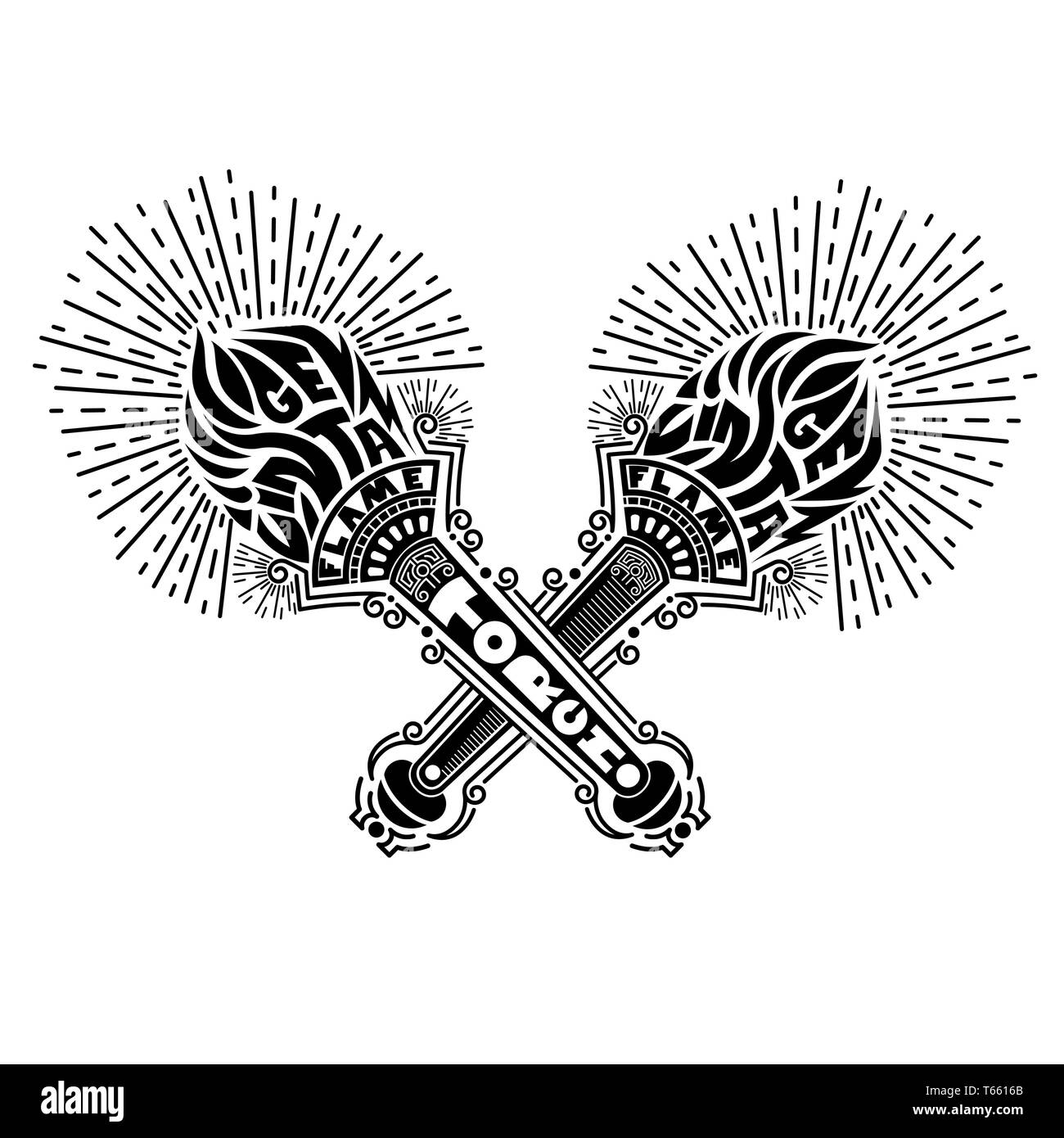 Crossed torches in engraving line style isolated on white with