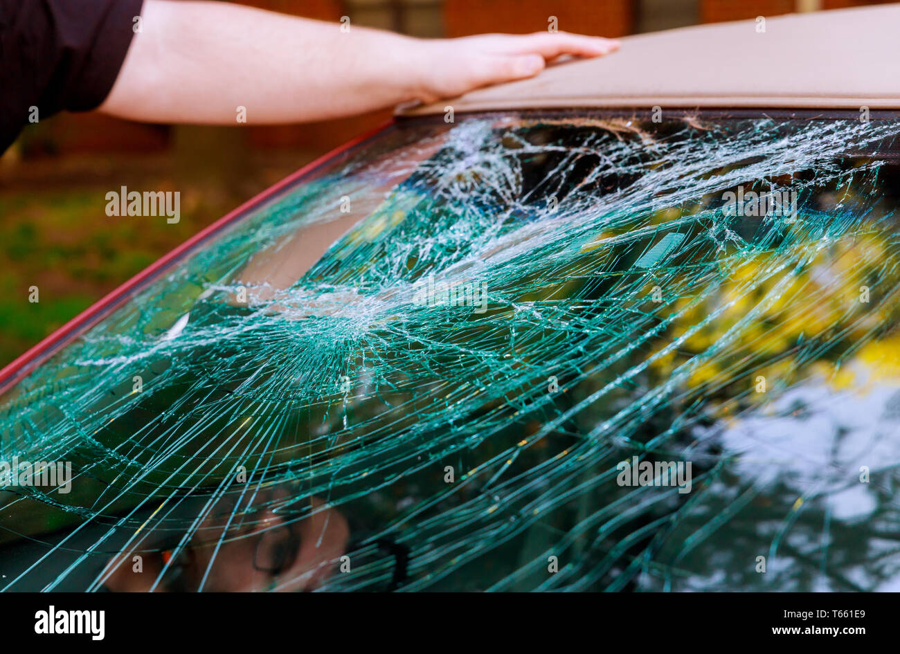 Glass broken cracks splinters in front of car front window Stock Photo Alamy