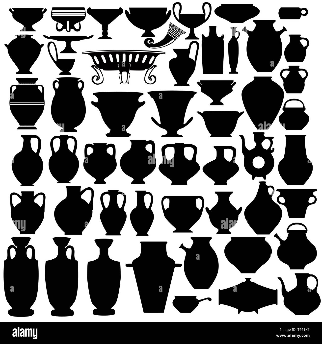 Big set of silhouette of vase, bowl, jug, pitcher Stock Vector
