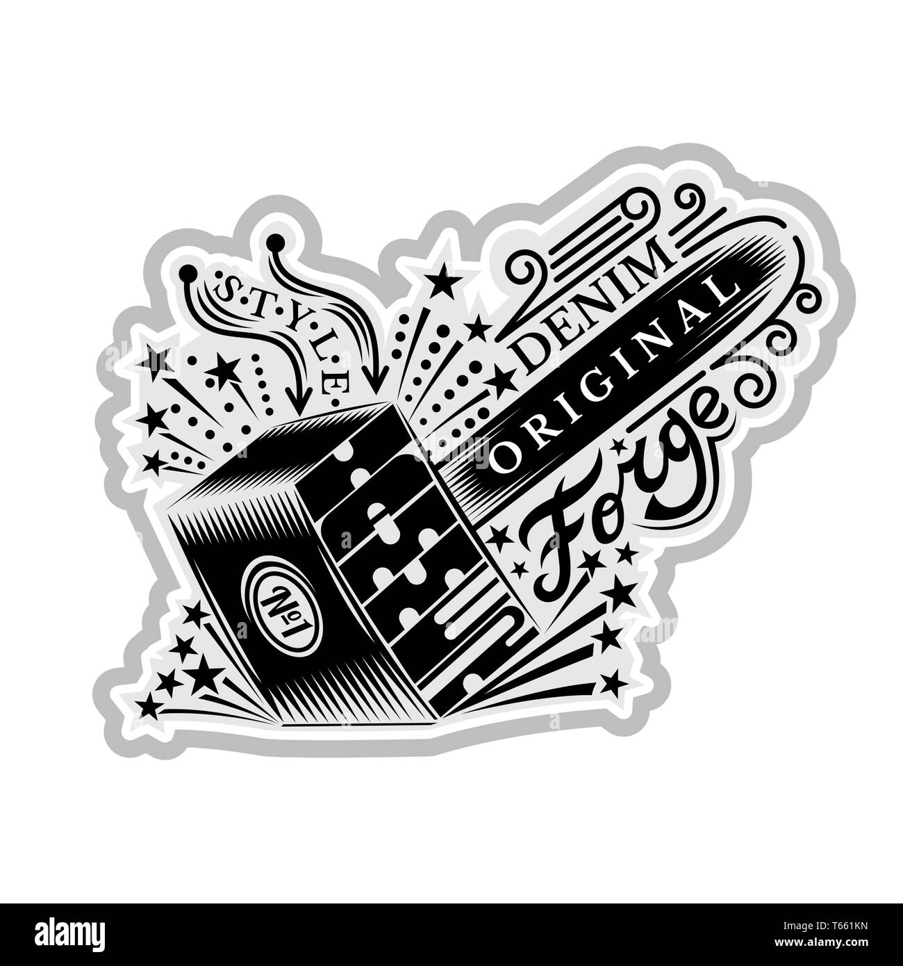 Vector element for t-shirt or print design with blacksmithing hammer with flying out sparkles in red-blue color style Stock Vector