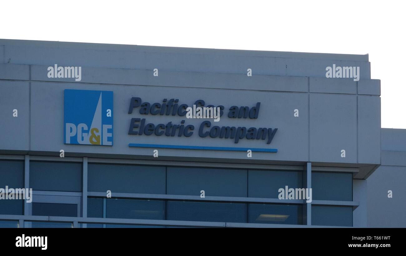 Close-up of logo atop headquarters of utility company Pacific Gas and Electric in San Ramon, California; the company faced bankruptcy in 2019 following wildfire liability concerns, March 12, 2019. () Stock Photo