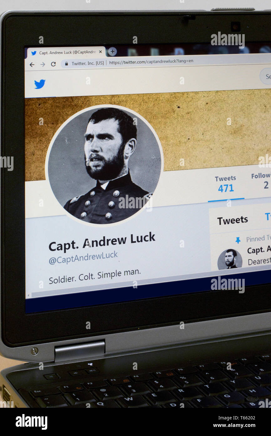 Andrew Luck, an American football quarterback, portrayed in a Twitter account, which parodies life during the American Civil War. Stock Photo