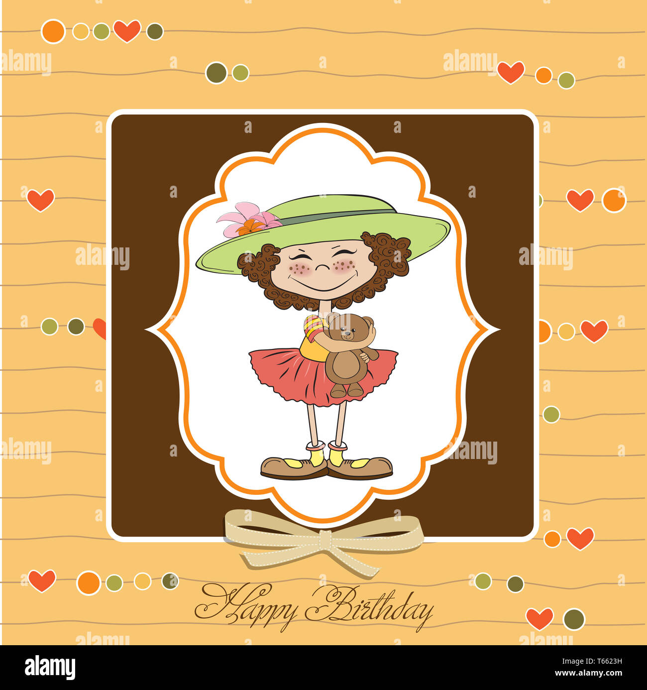 cute birthday greeting card with girl and her teddy bear Stock Photo ...