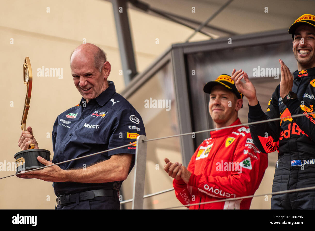 Monte Carlo/Monaco - 05/27/2018 - Adrian Newey (GBR, Red Bull Racing) taking the constructors' trophy after his team's win of the 2018 Monaco GP Stock Photo