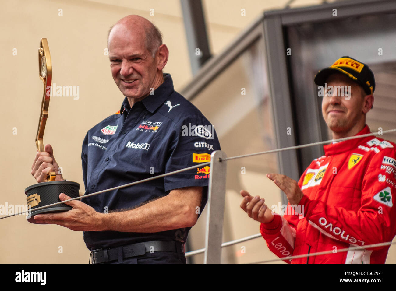 Monte Carlo/Monaco - 05/27/2018 - Adrian Newey (GBR, Red Bull Racing) taking the constructors' trophy after his team's win of the 2018 Monaco GP Stock Photo