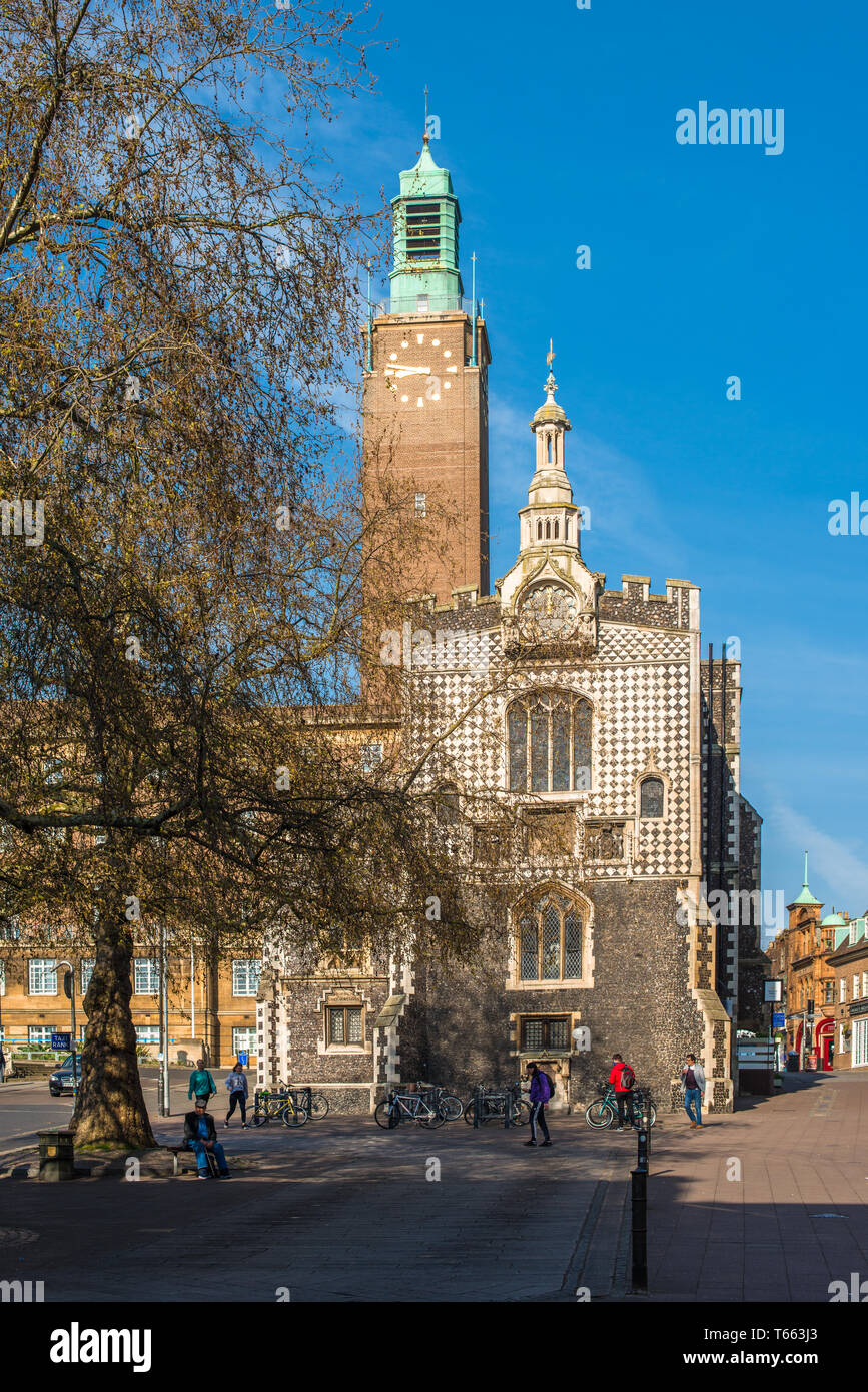 The Guildhall to the front and City Hall tower to the rear in Norwich city centre, Norfolk, East Anglia, England, UK. Stock Photo