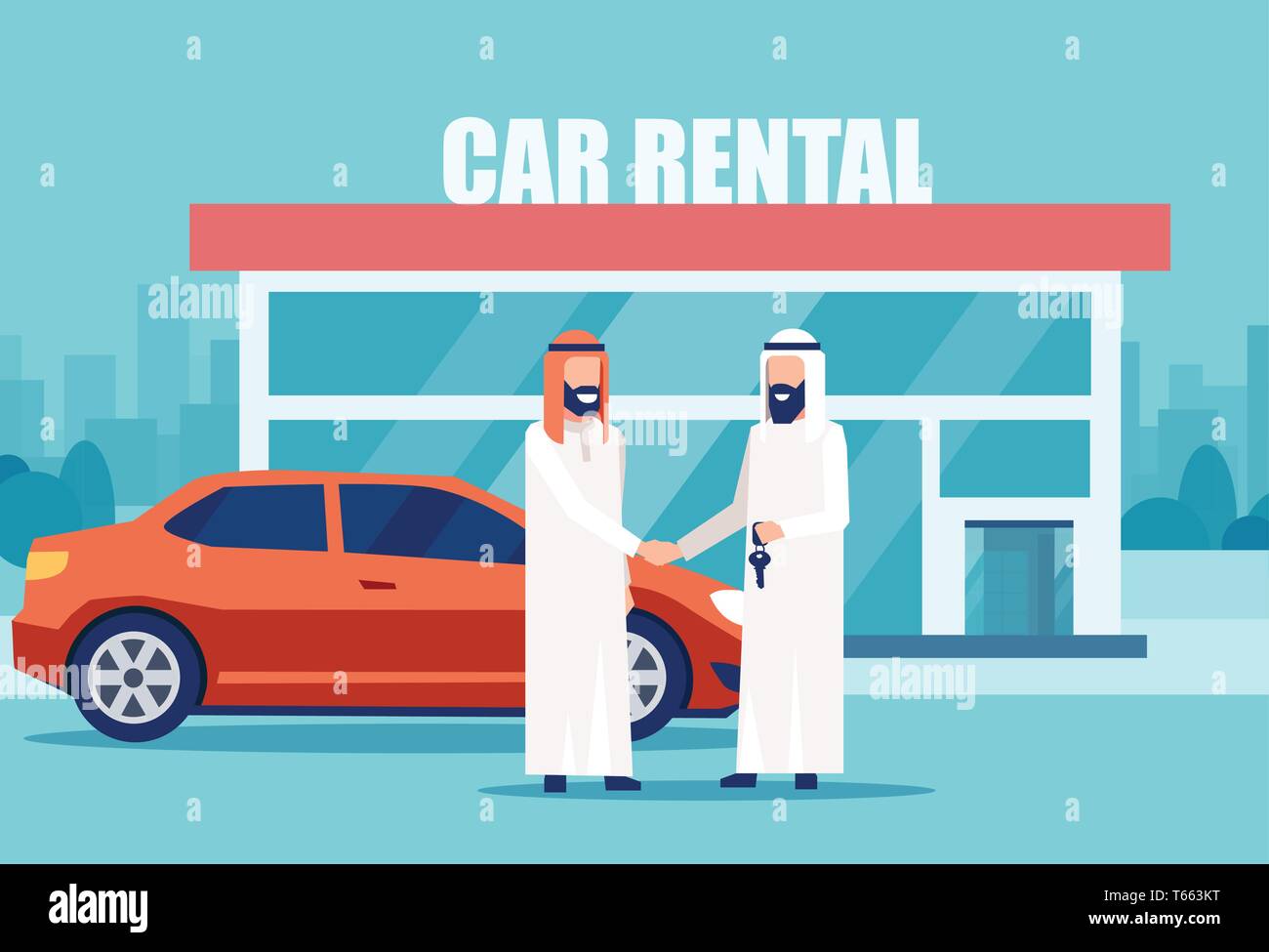 Car rental concept. Vector of an arab seller man giving keys to a customer Stock Vector