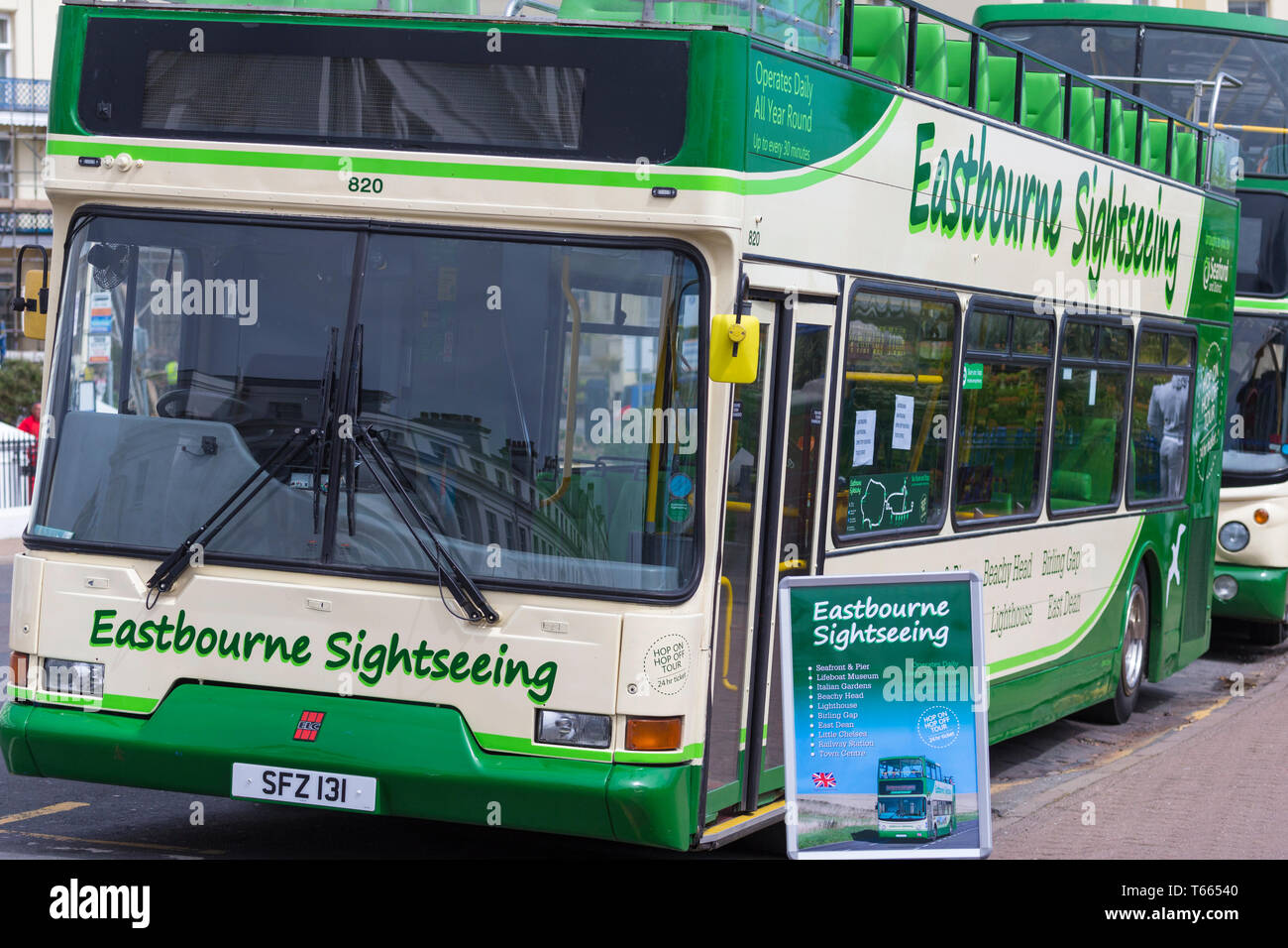 Eastbourne sightseeing coach bus, eastbourne, east sussex, uk Stock Photo