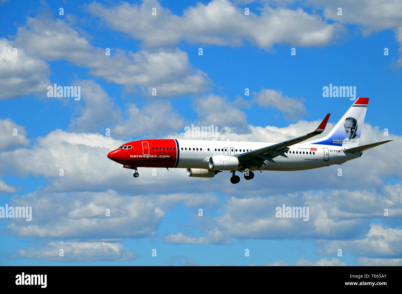 Barcelona, Spain, September 10, 2017, Norwegian plane landing at the El Prat airport in Barcelona Stock Photo