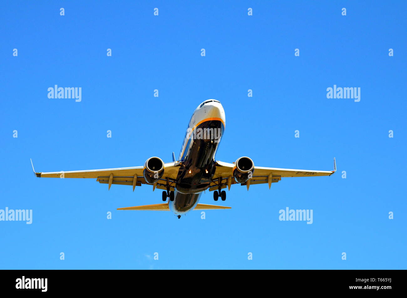 Barcelona, Spain, September 10, 2017, Ryanair plane landing at the El Prat airport in Barcelona Stock Photo