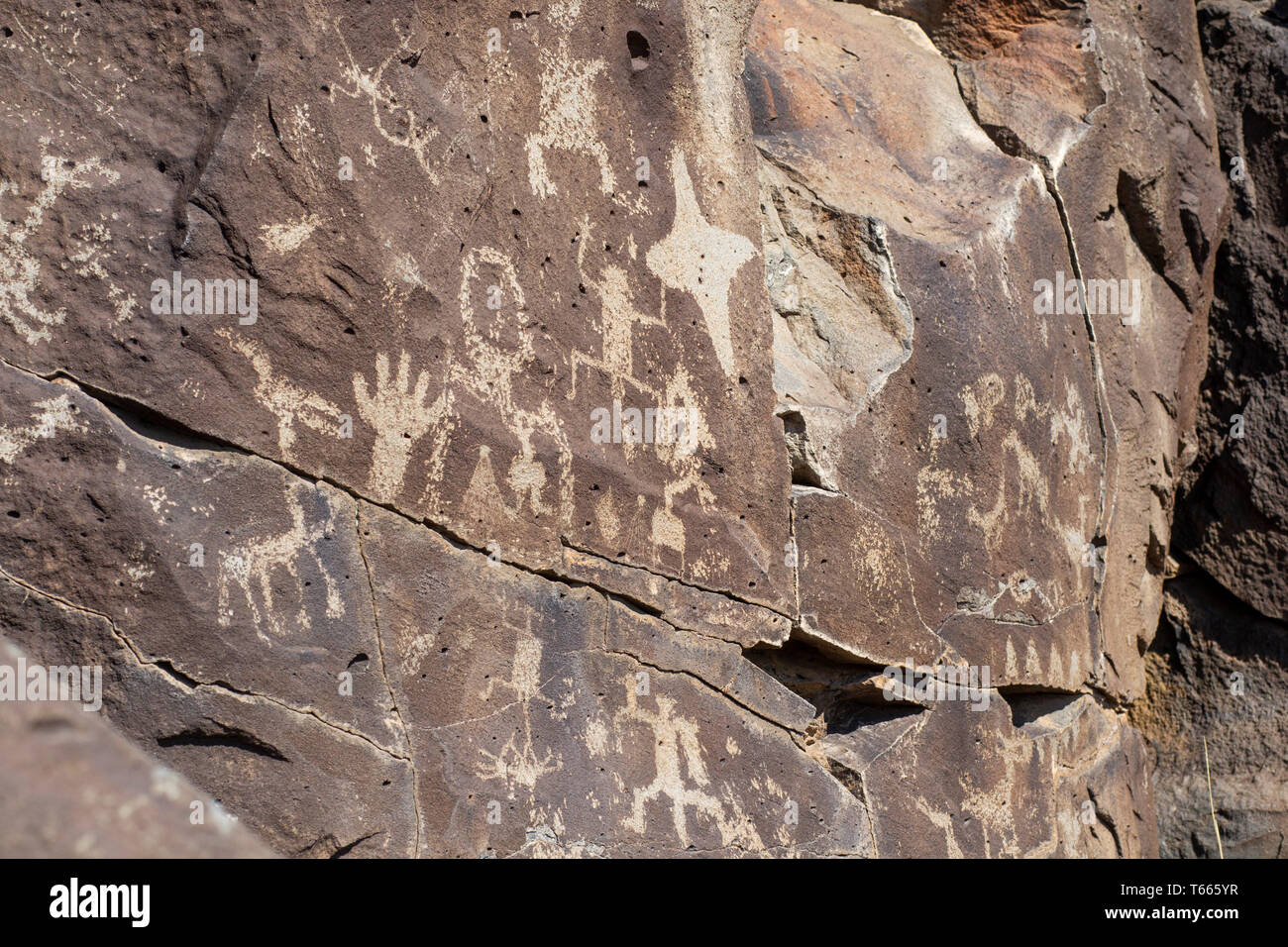 Petroglyphs at the La Cieneguilla Petroglyph Site near Santa Fe, New Mexico. Stock Photo