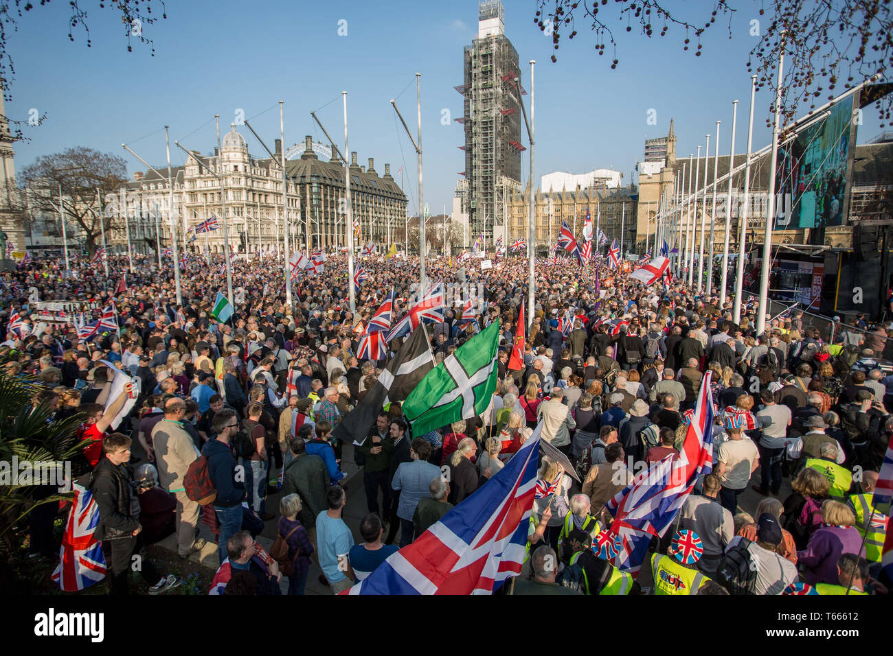 Leave protesters at Nigel Farage’s March to Leave rally in Parliament Square, Westminster, London.  Featuring: Atmosphere, View Where: London, United Kingdom When: 29 Mar 2019 Credit: Wheatley/WENN Stock Photo