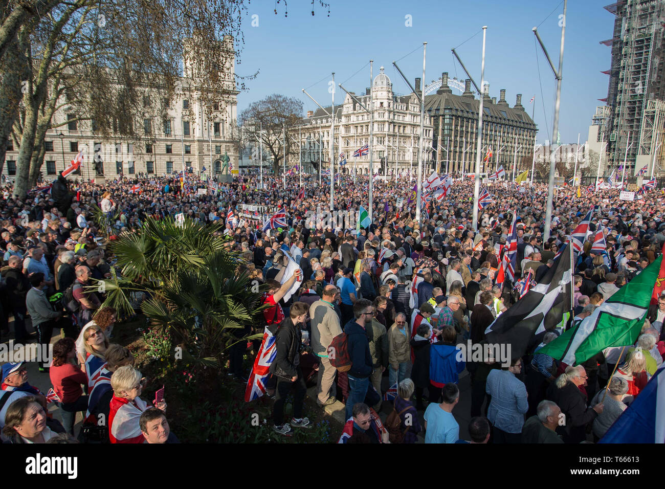 Leave protesters at Nigel Farage’s March to Leave rally in Parliament Square, Westminster, London.  Featuring: Atmosphere, View Where: London, United Kingdom When: 29 Mar 2019 Credit: Wheatley/WENN Stock Photo