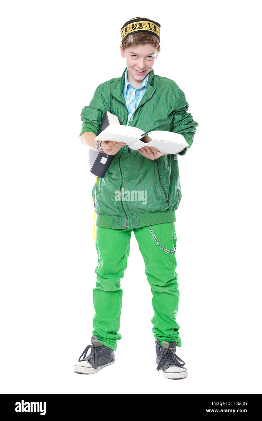 smiling male teenager reading a book, isolated on white Stock Photo - Alamy