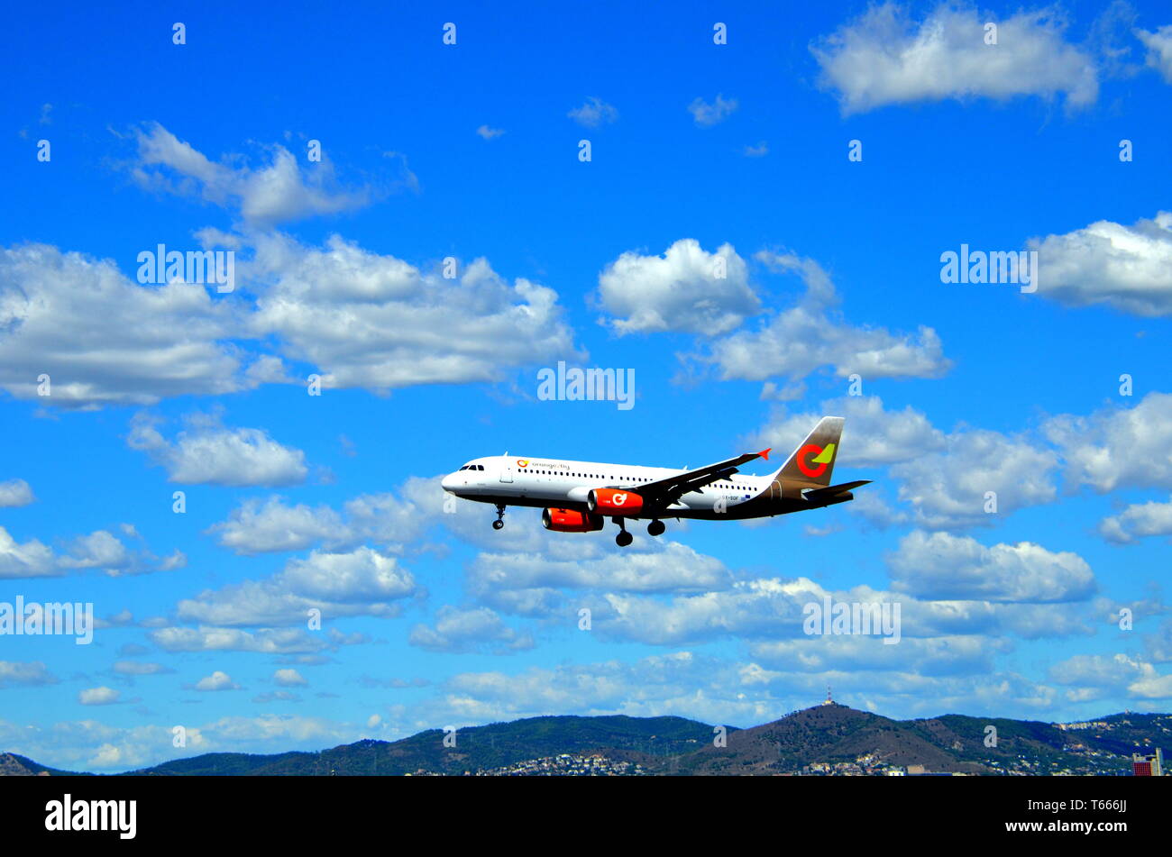 Barcelona, Spain, September 10, 2017, Orange2Fly plane landing at the El Prat airport in Barcelona Stock Photo