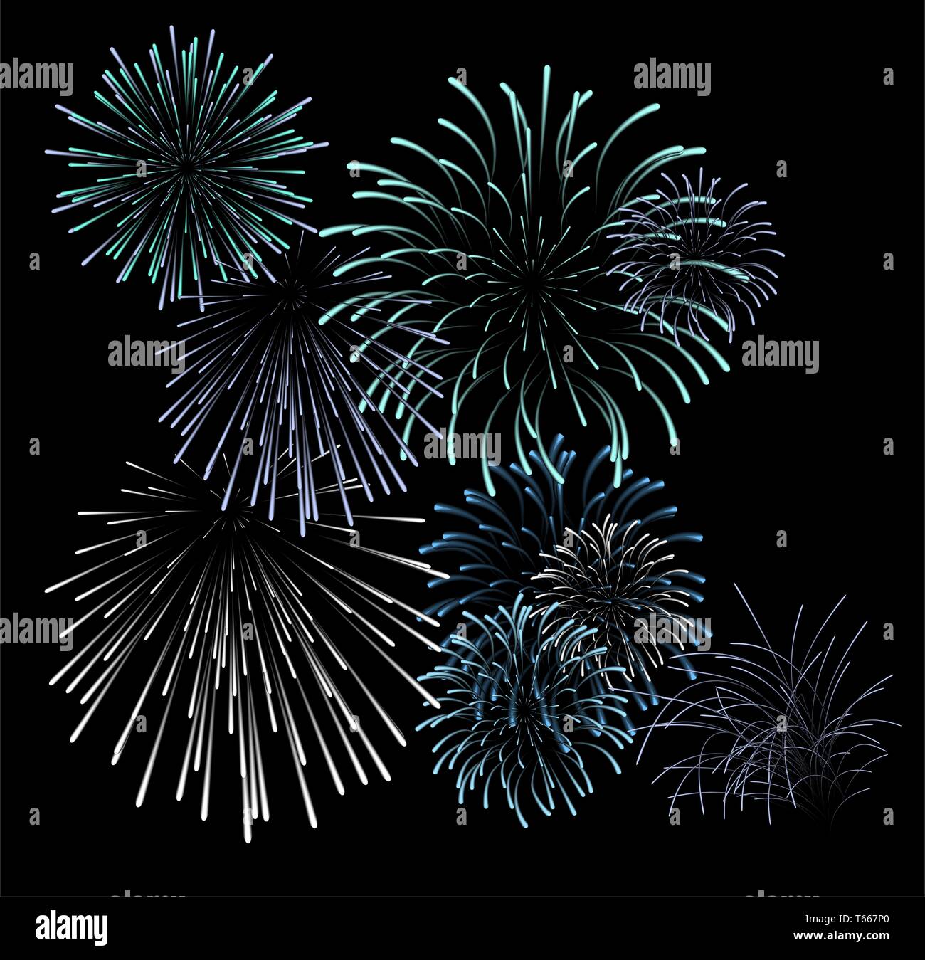Set of blue fireworks illustrations on black background (vector Stock