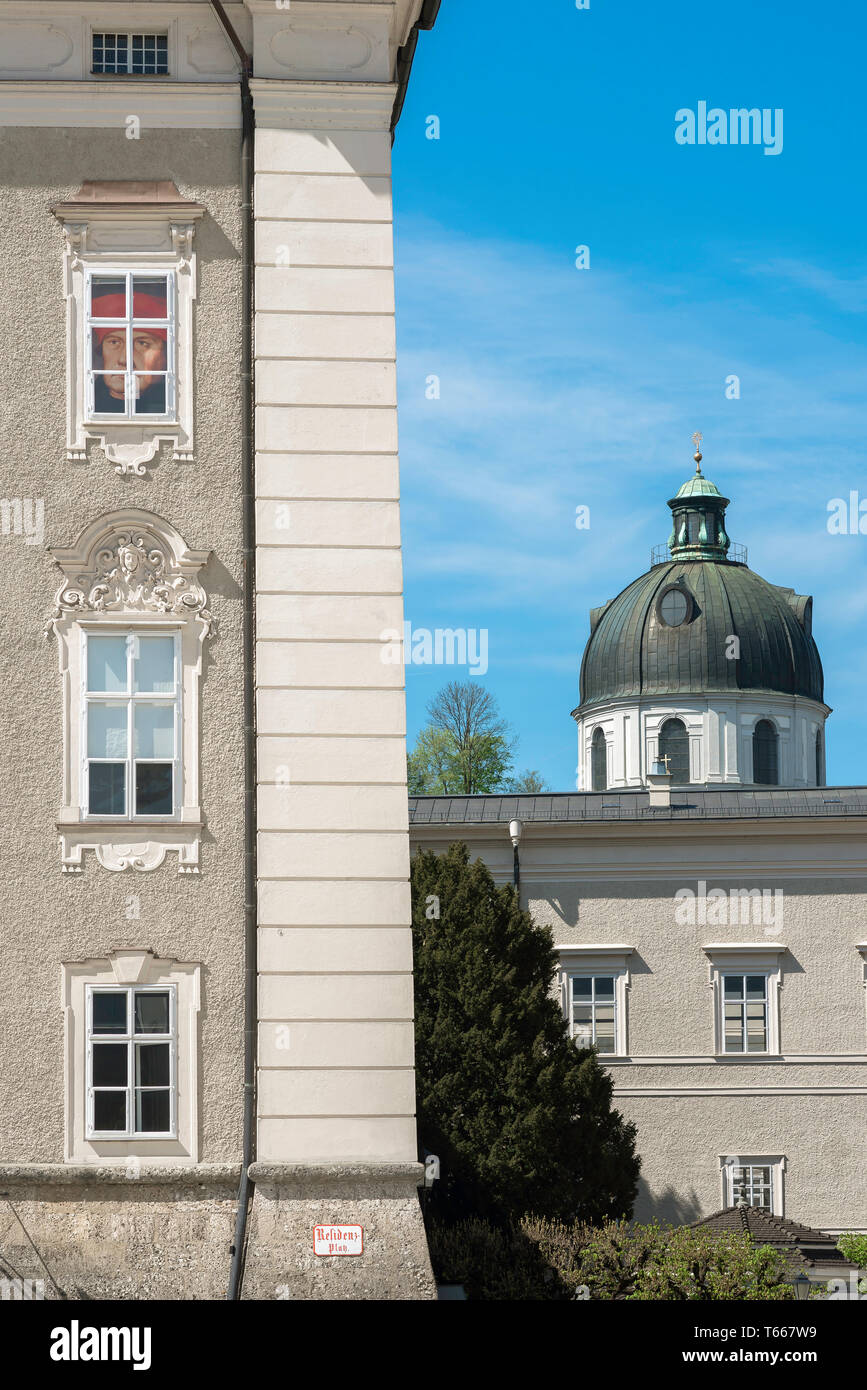 Austria Baroque, view of the north corner of the Residenz Palace and dome of the Kollegienkirche, both classic Baroque buildings in Salzburg Old Town. Stock Photo