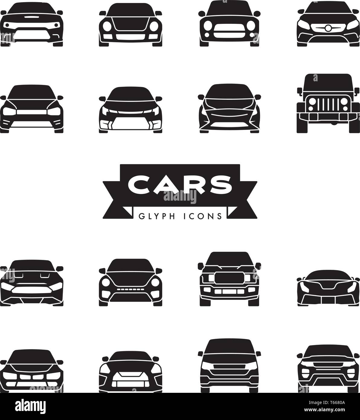 Collection of modern cars front view glyph icons vector illustration Stock Vector
