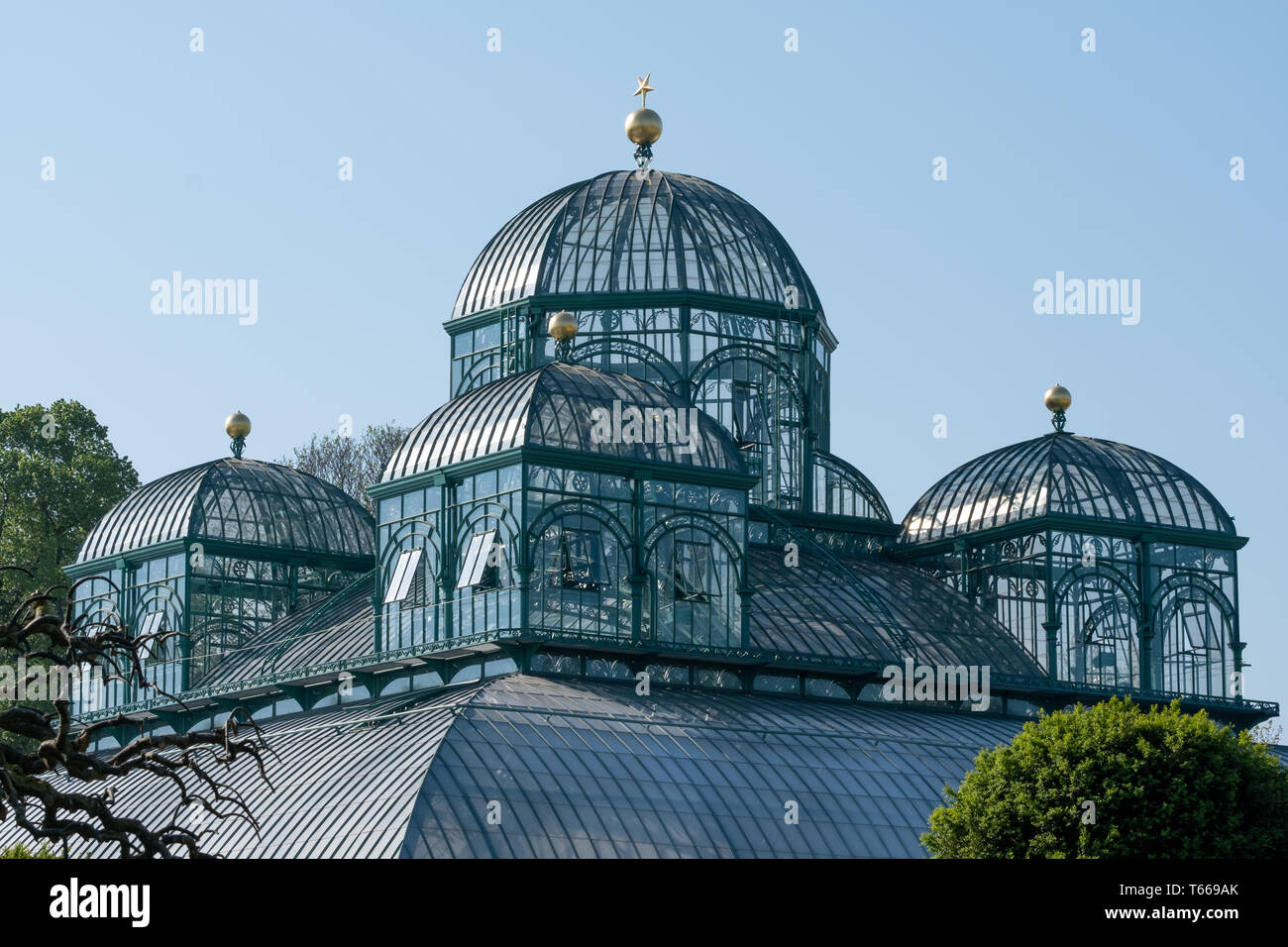 The Royal Greenhouses at Laeken, composed of a complex of a number of greenhouses which include the Congo Greenhouse. Stock Photo