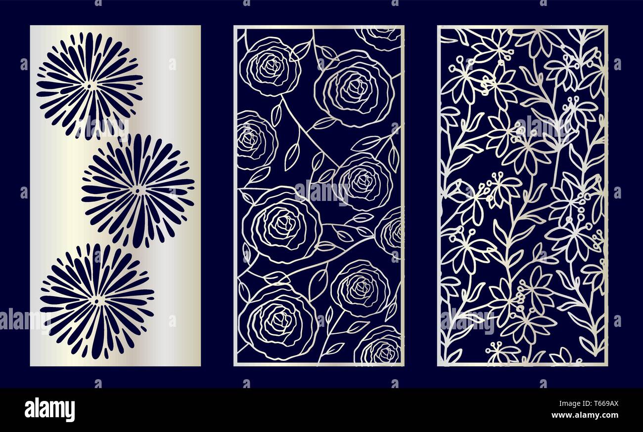 Set of Decorative laser cut panels with floral elements. Vector