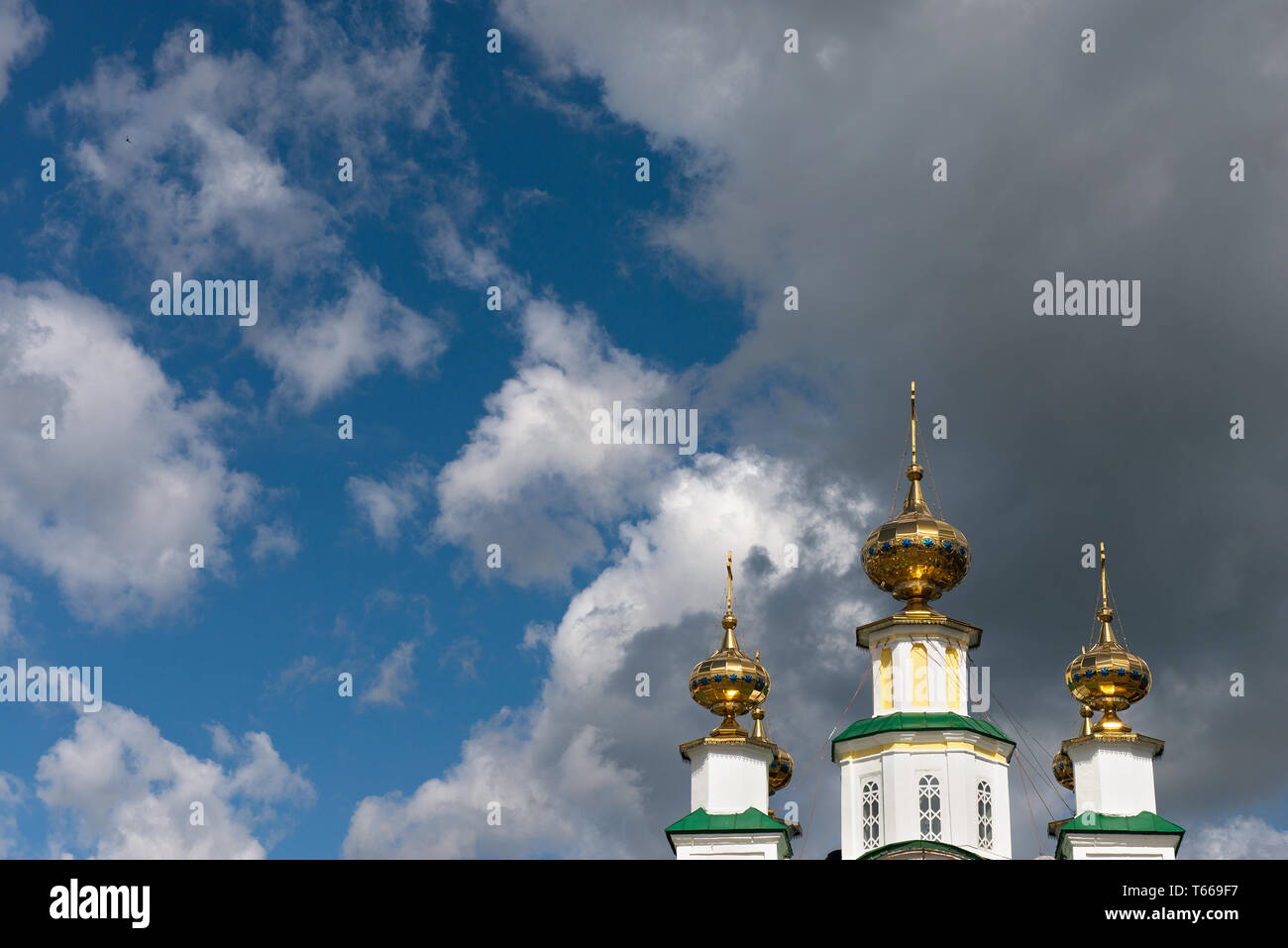 Church. Golden domes in Russia. Stock Photo