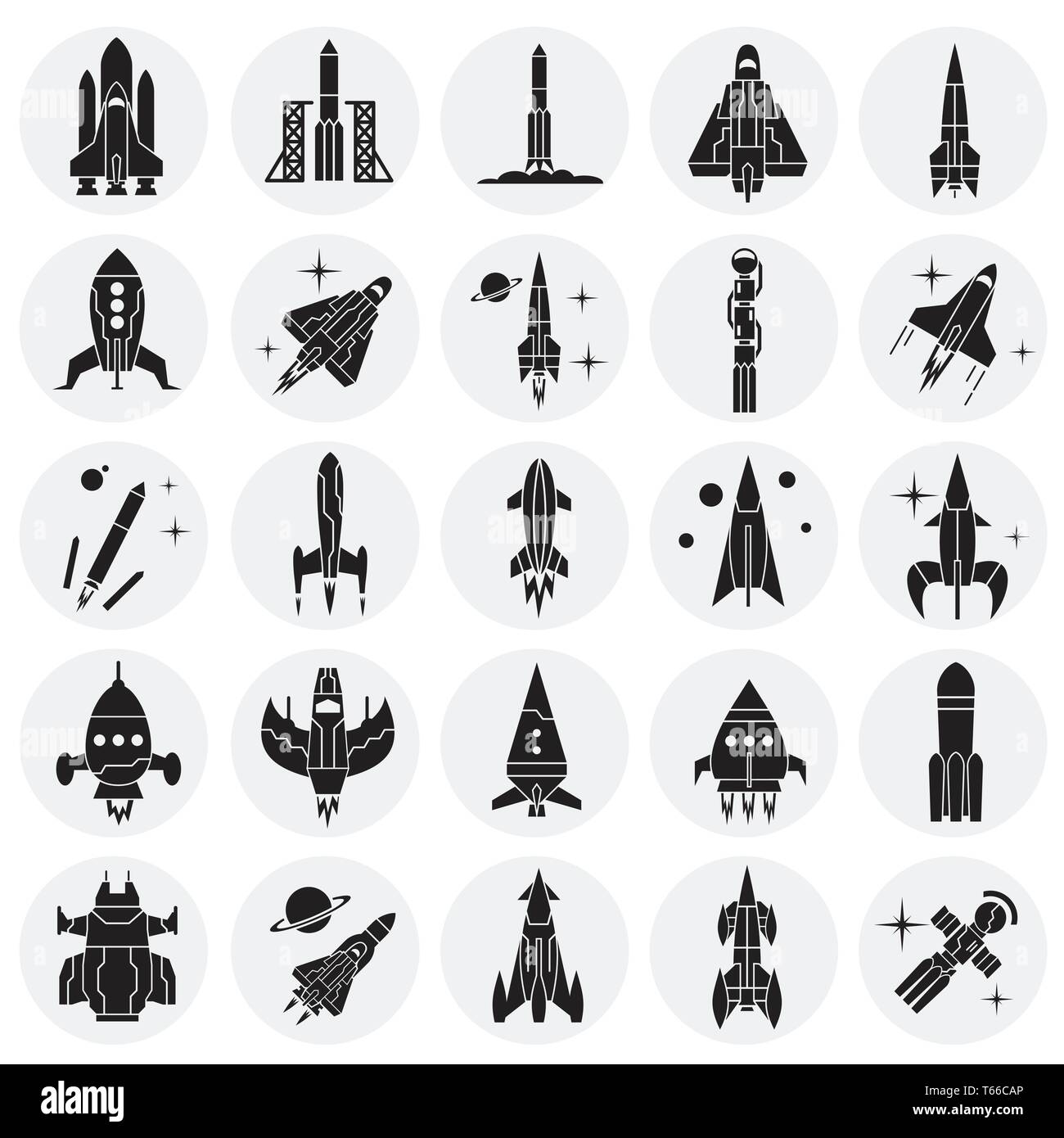 Rockets icons set on circles background for graphic and web design ...