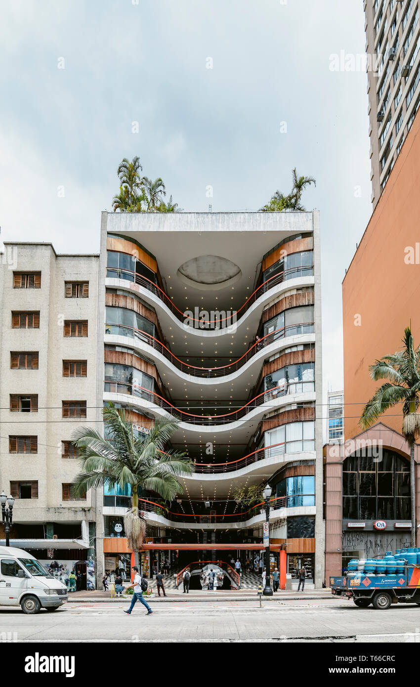 Sao Paulo SP, Brazil - February 27, 2019: Facade of Galeria do Rock. Mall with stores that sells products with urban and rock and roll theme. Architec Stock Photo