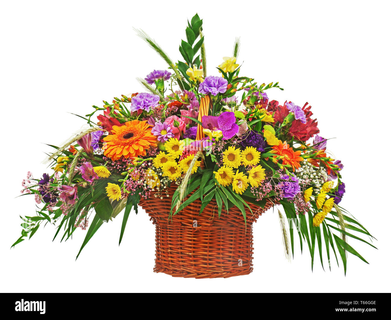 Flower bouquet arrangement centerpiece in wicker b Stock Photo