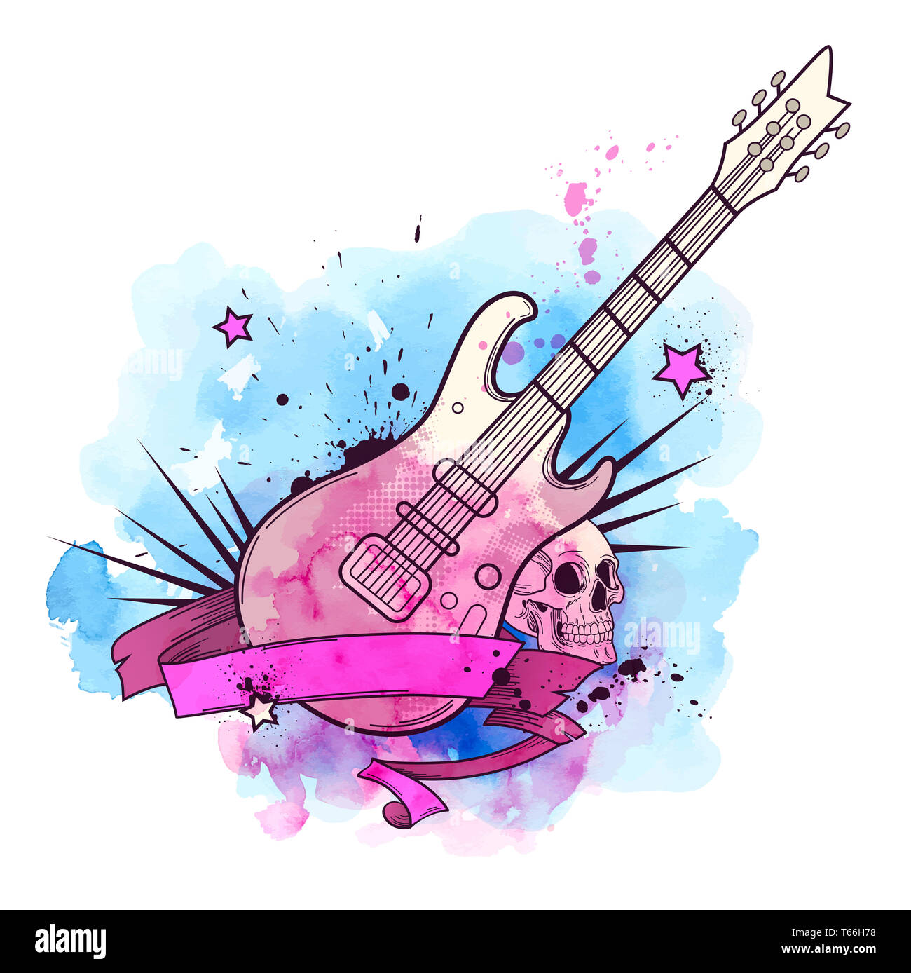 Music background with electric guitar, skull and watercolor texture