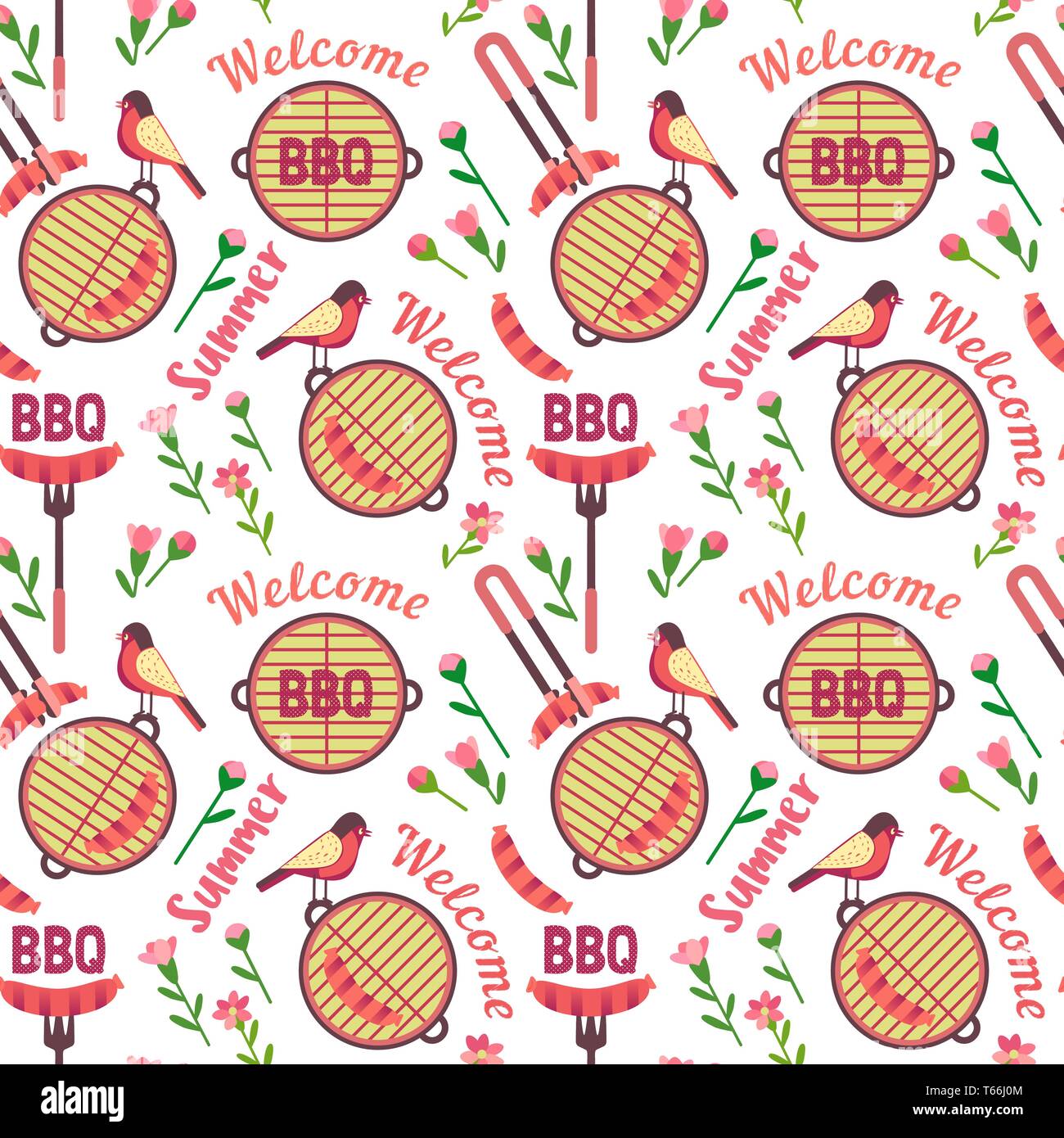 Flat hand drawn barbecue icons seamless pattern Stock Vector
