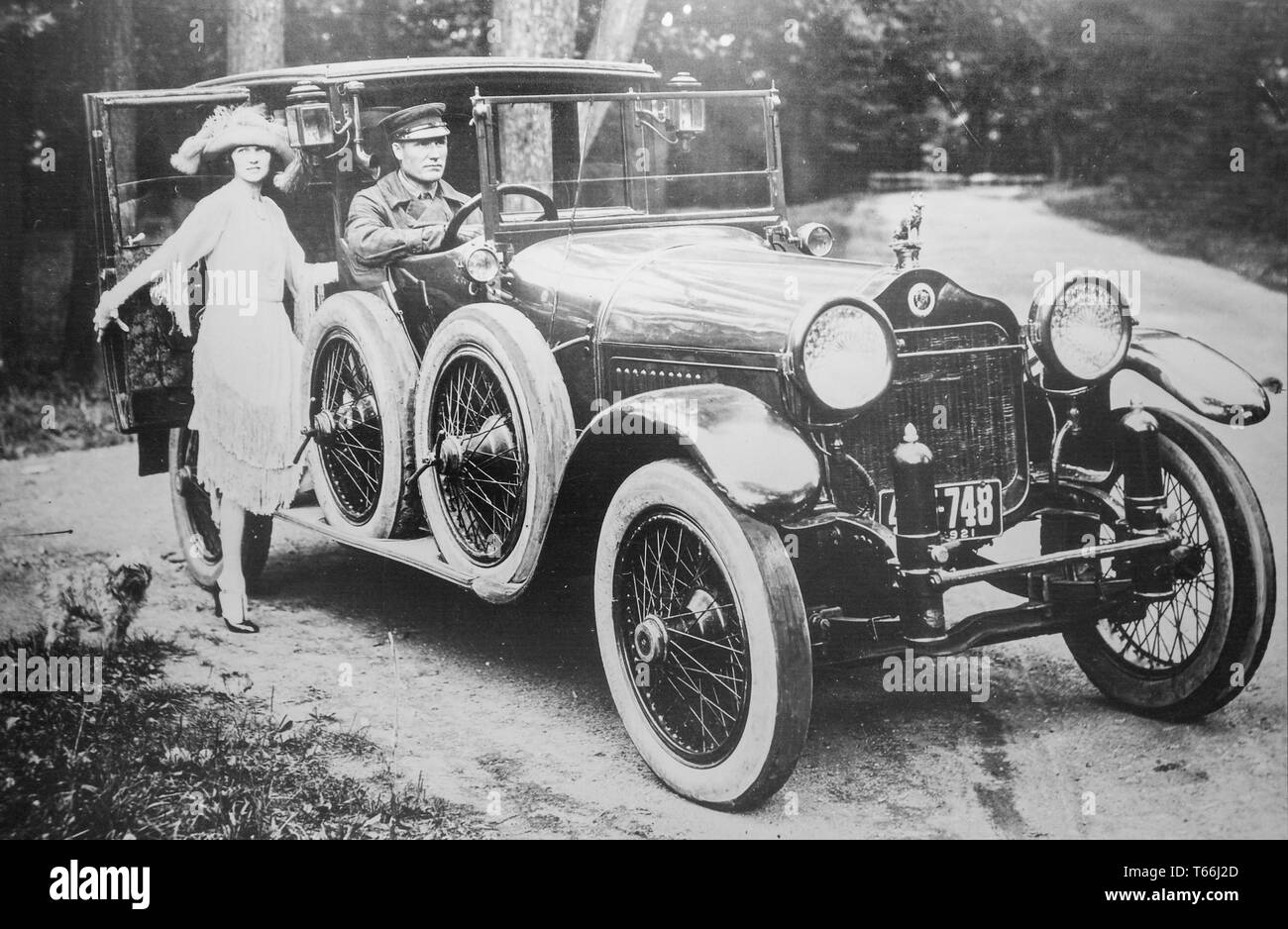 Old archival black and white photograph showing Minerva 38 CV SS, 1914 vintage car from Belgian luxury automobile manufacturer Minerva, Belgium Stock Photo
