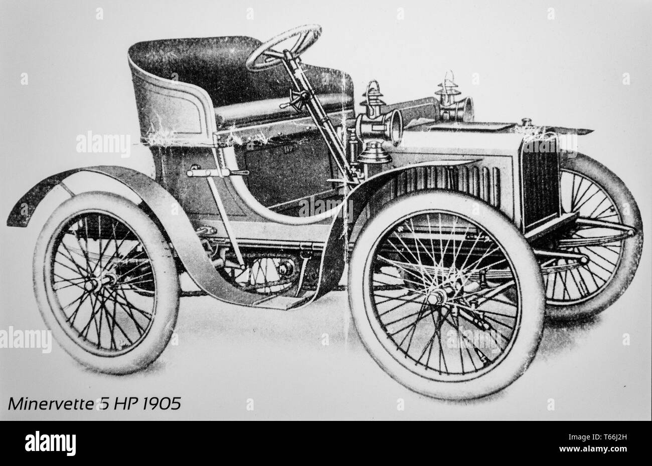 Old drawing of Minervette 5 HP, 1905 two-seated vintage car from Belgian luxury automobile manufacturer Minerva, Belgium Stock Photo