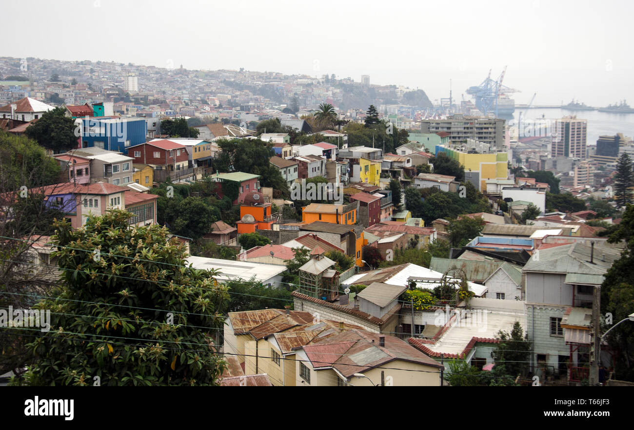 View looking down to Valparaiso's harbour trom La Sebastiano, the home (now a museum) of Pablo Neruda, Chile's great poet and Nobel laureate Stock Photo