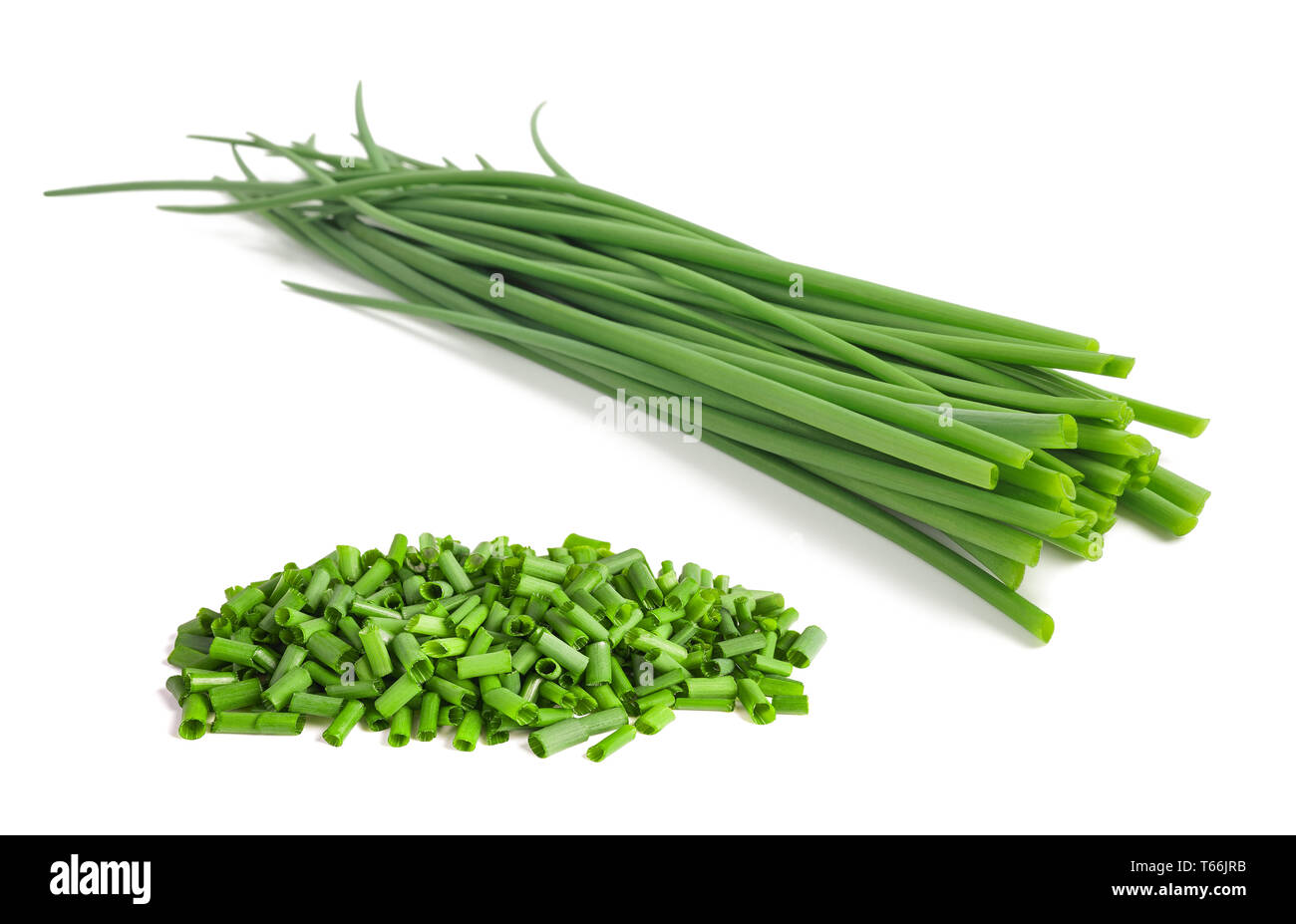 Chives bunch and chopped chives  isolated on white background Stock Photo