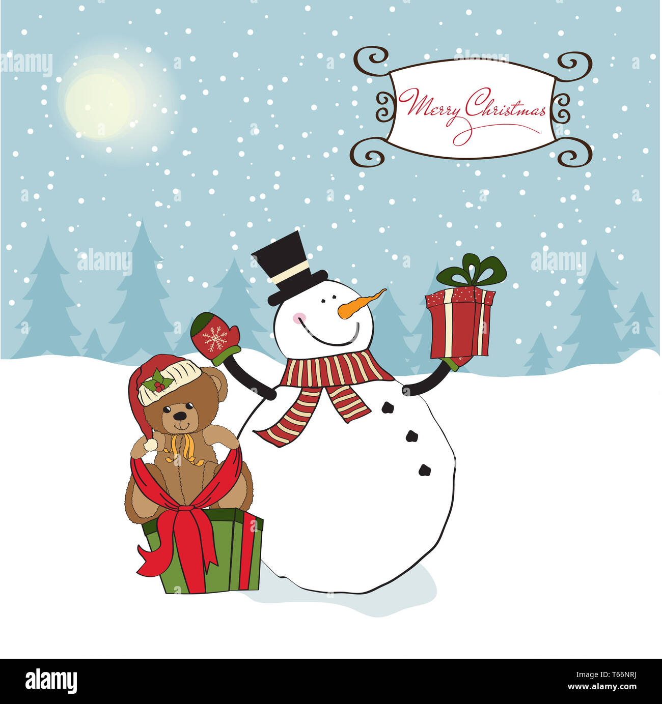 Christmas greeting card with snowman Stock Photo - Alamy