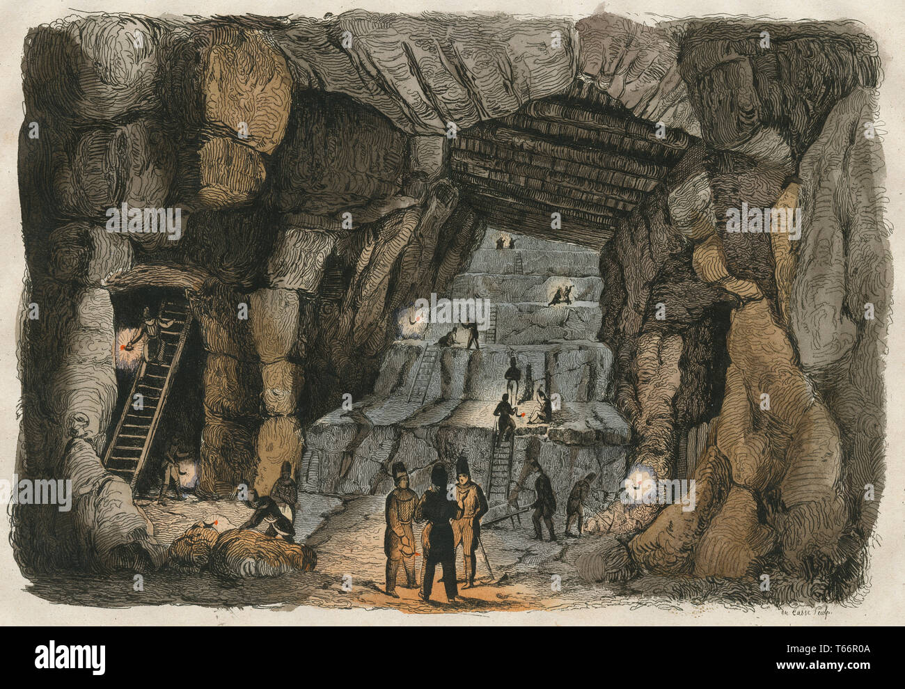 Antique 1837 engraving, stepped exploitation of a lead-silver mine near Clausthal-Zellerfeld, a town in Lower Saxony, Germany located in the southwestern part of the Harz mountains. SOURCE: ORIGINAL HAND-COLORED ENGRAVING Stock Photo
