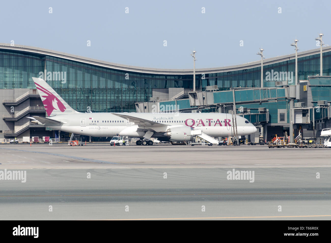 Qatar, Doha, 20180501 Aircraft Qatar Airlines in the parking lot at