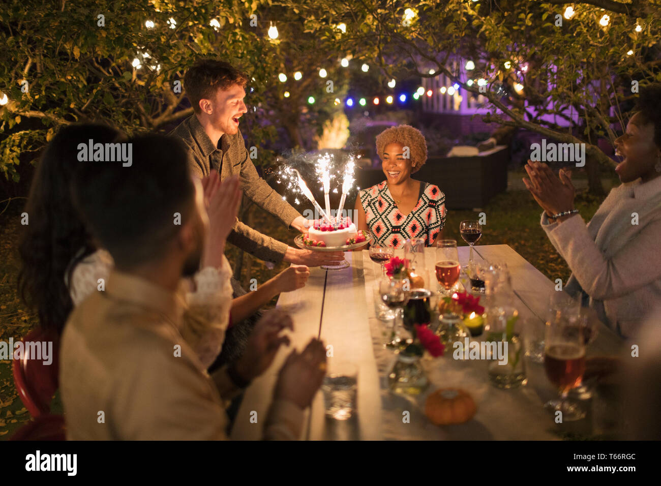 Happy friends celebrating birthday with sparkler cake at garden party table Stock Photo