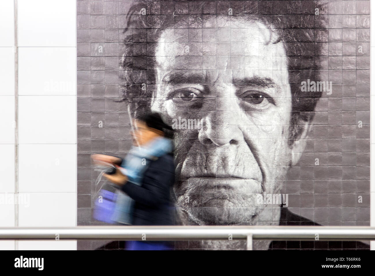 Mosaic mural of musician Lou Reed  by artist Chuck Close on the walls of the 86th street station on the new 2nd Avenue Subway line in New York. Stock Photo