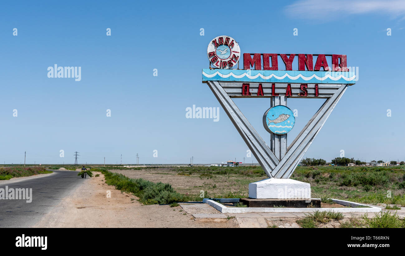 City Sign of the former fishing town of Moynaq, Uzbekistan at the Aralsee Stock Photo