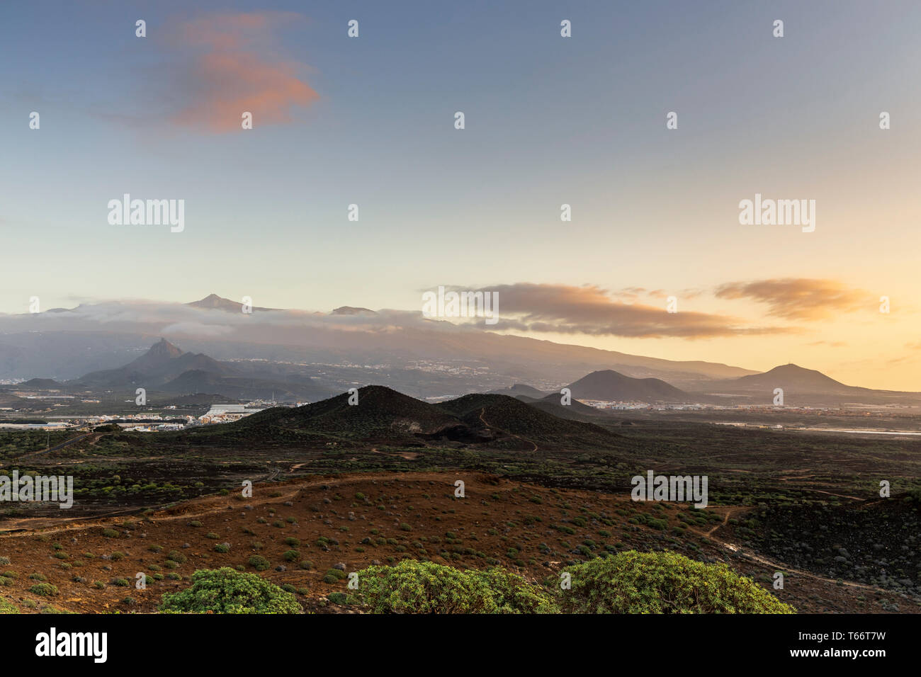 Looking towards the volcano of mount Teide at dawn from Montana Amarilla, yellow mountain, Tenerife, Canary Islands, Spain Stock Photo