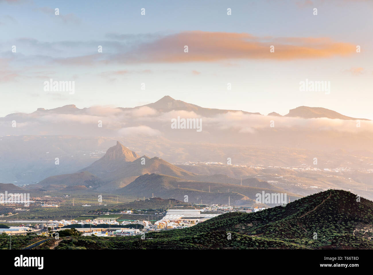 Looking towards the volcano of mount Teide at dawn from Montana Amarilla, yellow mountain, Tenerife, Canary Islands, Spain Stock Photo