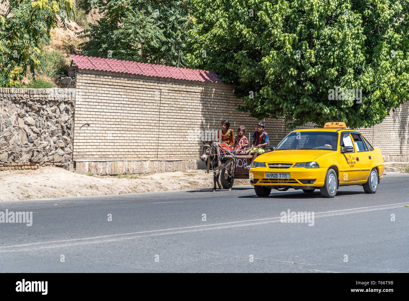 A Family on a Donkey Carriage is passed by a Taxi in Samarkand, Uzbekistan Stock Photo