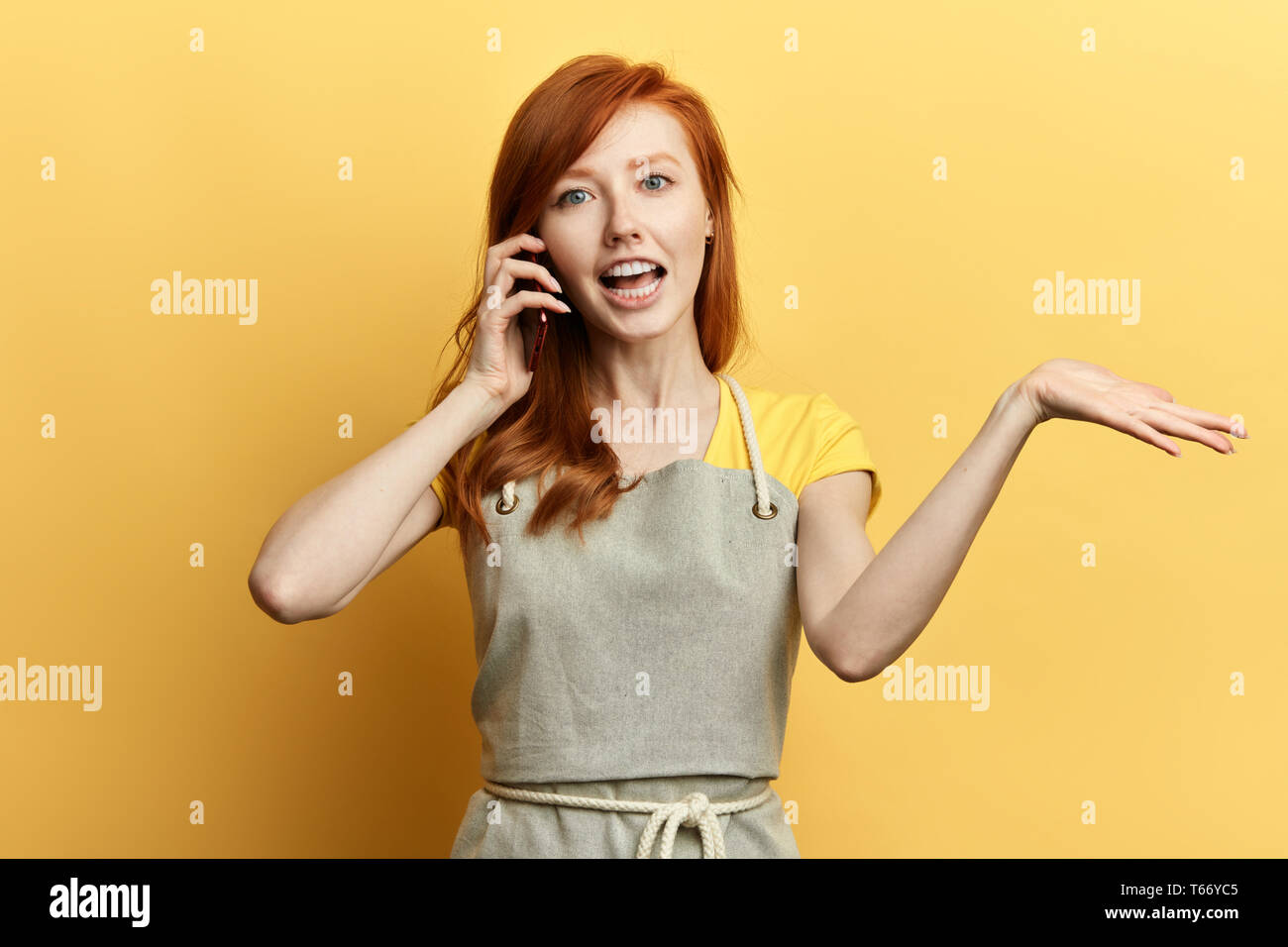 emotional girl with red long talking with her boyfriend, explaining him