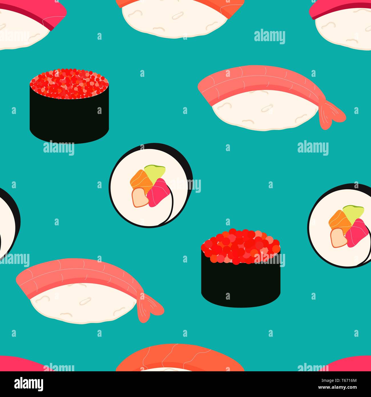 Sushi icons set. Asian food. Seamless pattern Isometric icons. Flat ...